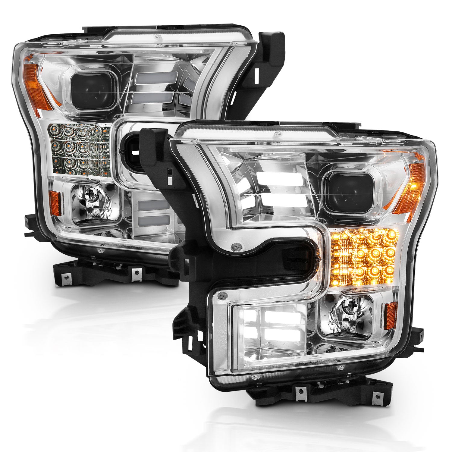 ANZO 15-17 Ford F-150 Proj Headlights w/ Plank Style Design Chrome w/ Amber Sequential Turn Signal - 111409 for 2015-2017 For