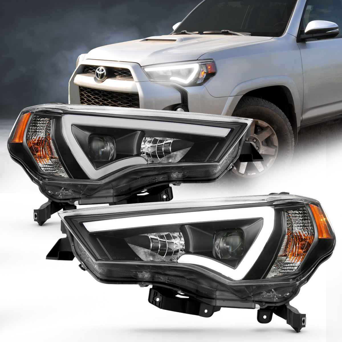 ANZO 14-23 Toyota 4 Runner Plank Style Projector Headlights Black w/ Amber - 111416