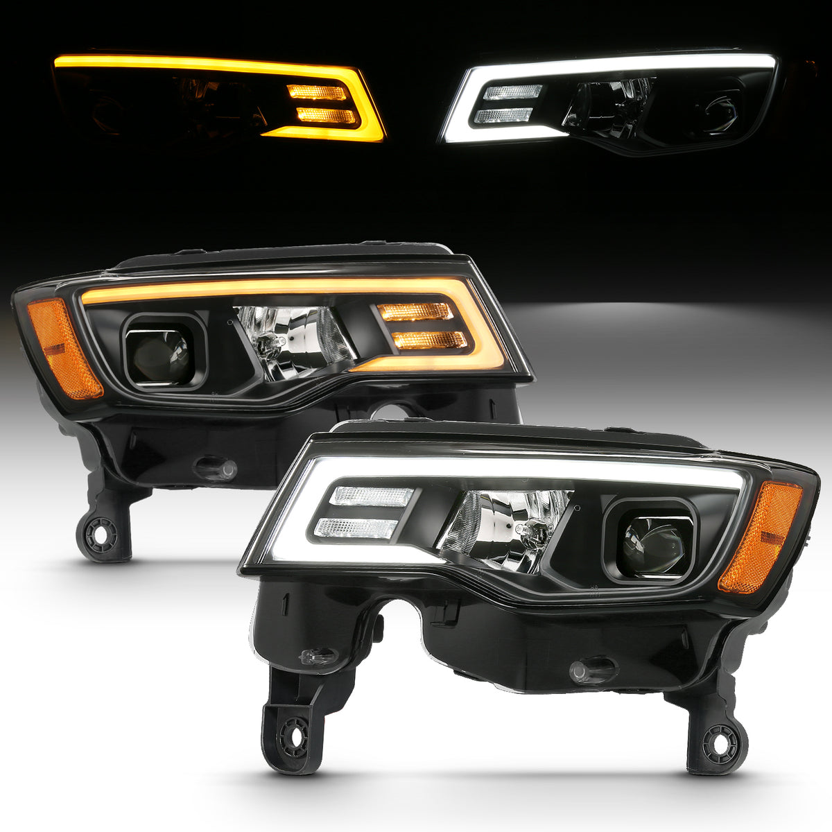 ANZO 2017-2018 Jeep Grand Cherokee Projector Headlights w/ Plank Style Switchback - Black w/ Amber - 111418 for 2017-2022 Jee