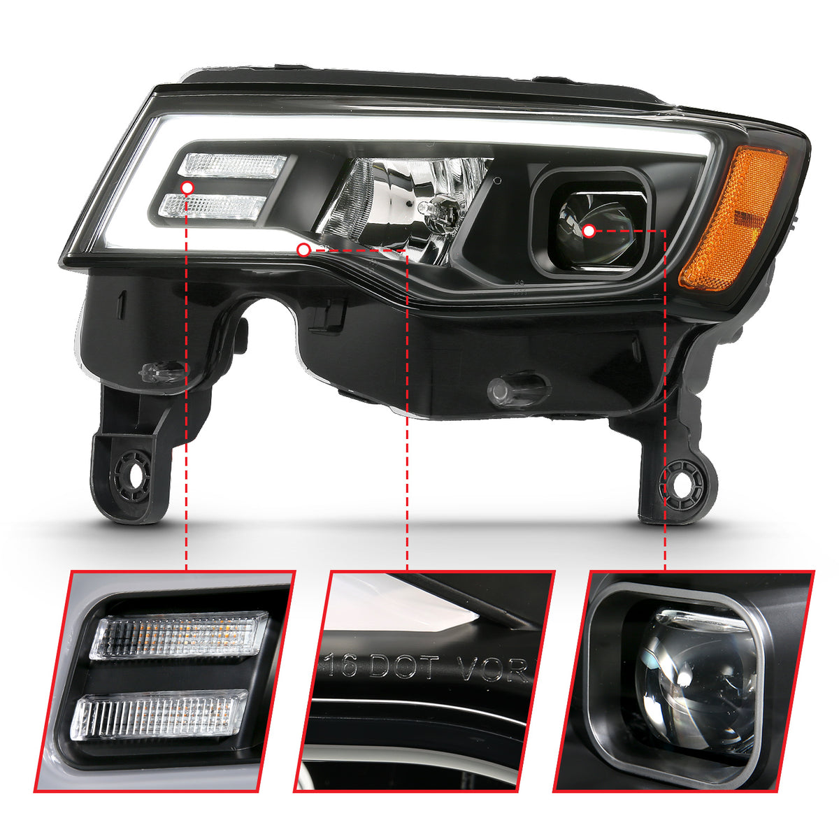 ANZO 2017-2018 Jeep Grand Cherokee Projector Headlights w/ Plank Style Switchback - Black w/ Amber - 111418