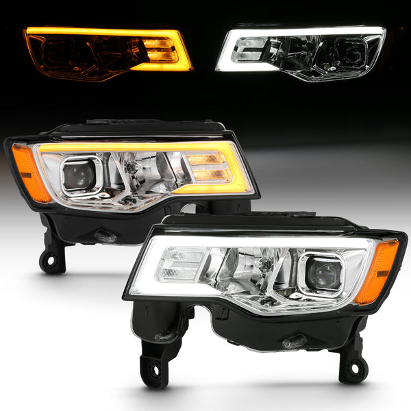 ANZO 2017-2018 Jeep Grand Cherokee Projector Headlights w/ Plank Style Switchback - Chrome w/ Amber - 111419 for 2017-2022 Je