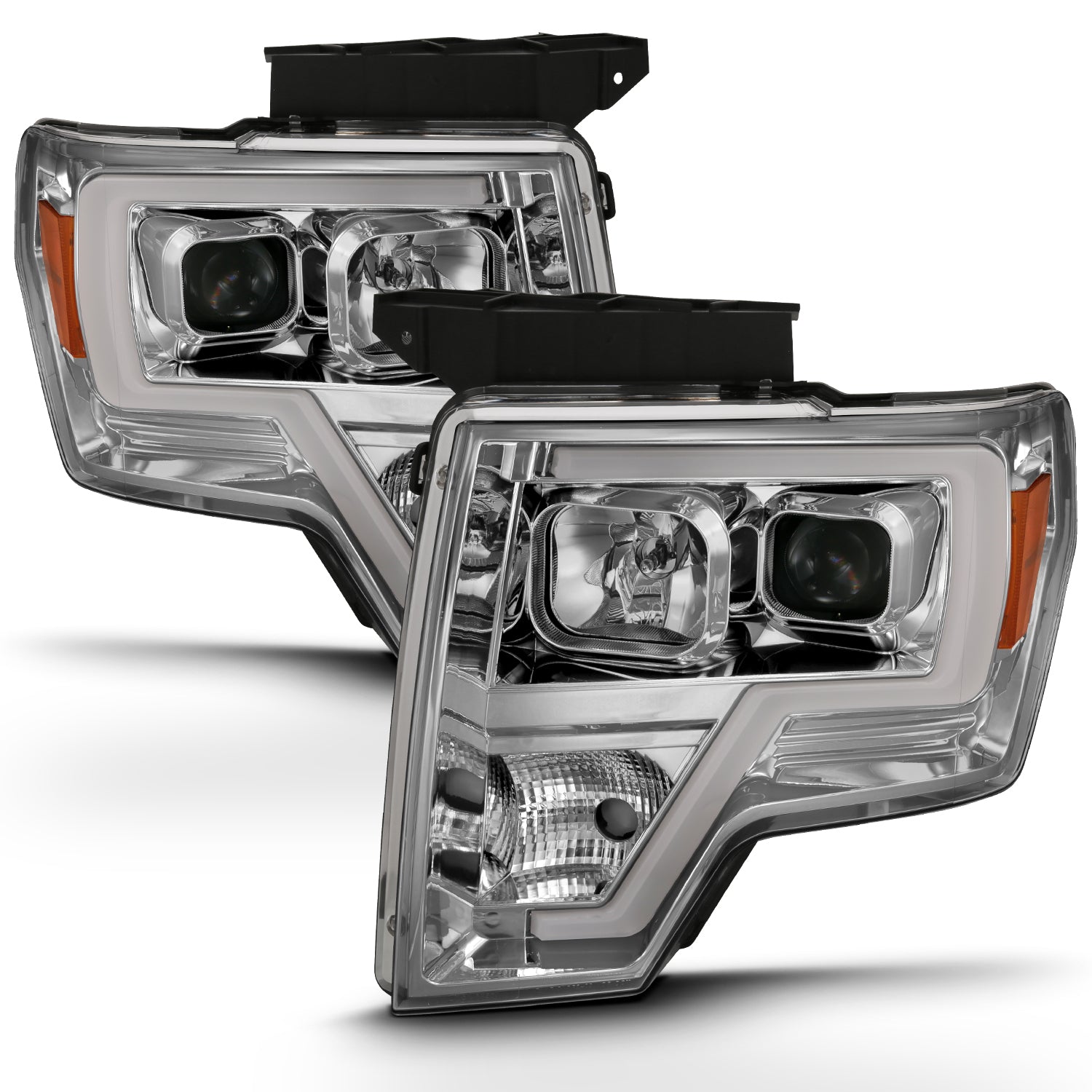 ANZO 2009-2014 Ford F-150 Projector Headlight Plank Style Chrome Amber - 111444 for 2009-2014 Ford F 150 - front view