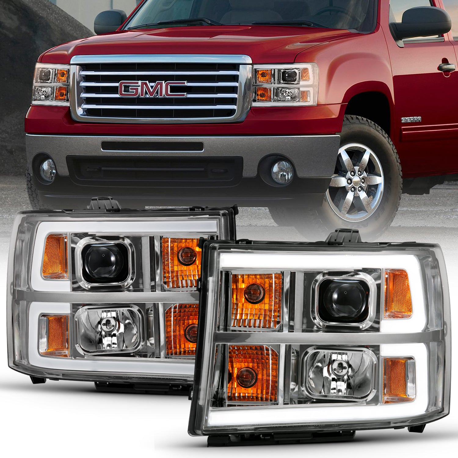 ANZO 2007-2013 Gmc Sierra 1500 Projector Headlight Plank Style Chrome w/ Clear Lens Amber - 111483 for 2007-2014 GMC Sierra 2