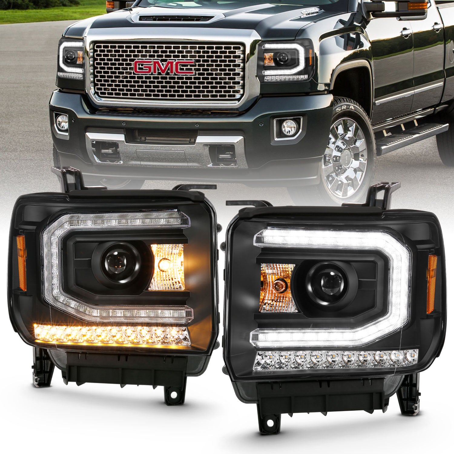 ANZO 2016-2019 Gmc Sierra 1500 Projector Headlight Plank Style Black w/ Sequential Amber Signal - 111485 for 2016-2019 GMC Si