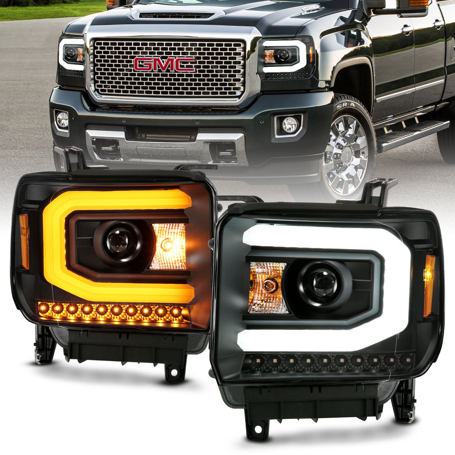 ANZO GMC SIERRA 1500 14-15 2500H/15-19 Projector Headlight Plank Style Black w/ Switchback (Halogen) - 111487 for 2015-2019 G