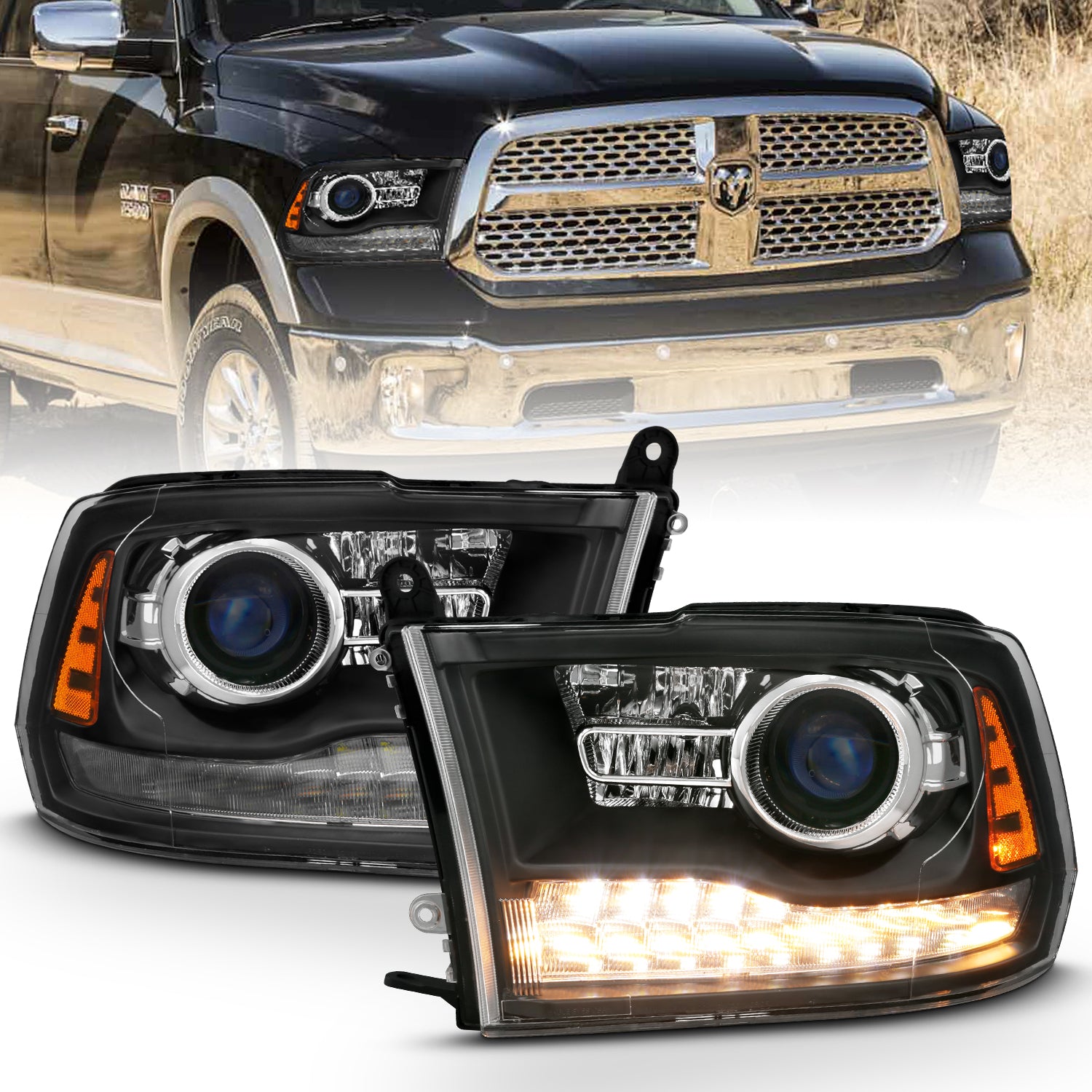 ANZO 2009-2018 Dodge Ram 1500 Projector Headlights Plank Style Halo w/Switchback Matte Black - 111489 for 2019-2023 Ram 1500 