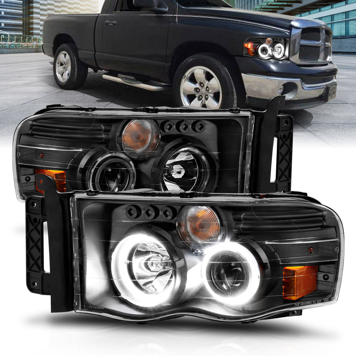 ANZO 2002-2005 Dodge Ram 1500 Projector Headlights w/ Halo Black Clear Amber - 111490 for 2002-2005 Dodge Ram 1500 - front vi
