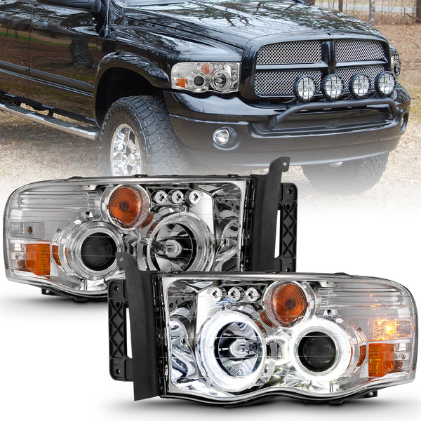 ANZO 2002-2005 Dodge Ram 1500 Projector Headlights w/ Halo Chrome Clear Amber - 111491 for 2002-2005 Dodge Ram 1500 - front v