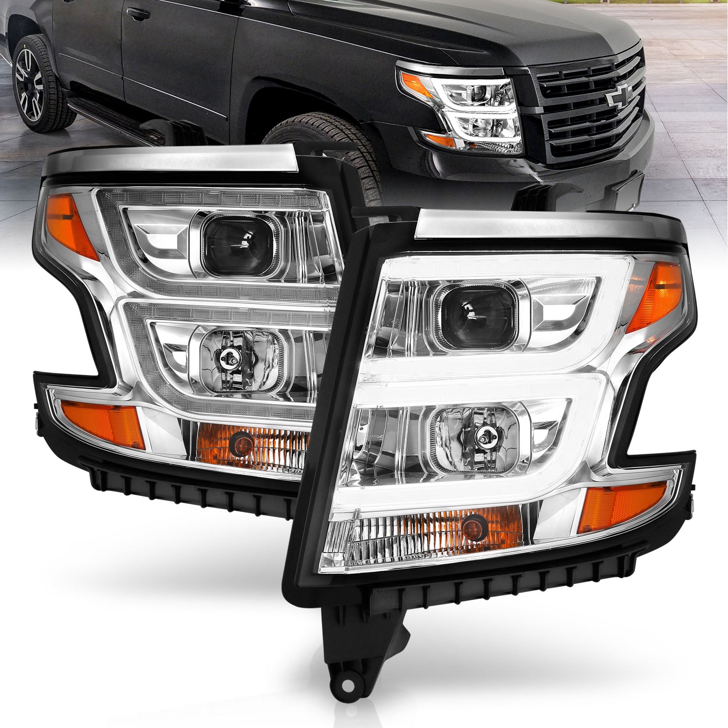 ANZO 2015-2020 Chevy Tahoe Projector Headlights Plank Style Chrome w/DRL - 111493 for 2015-2020 Chevrolet Suburban - front vi