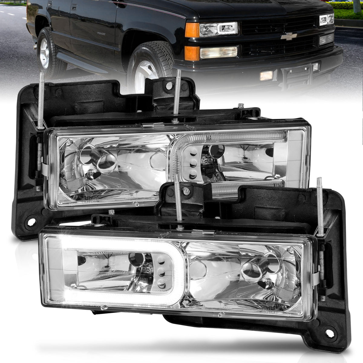 ANZO 1999-2000 Cadillac Escalade Crystal Headlights - 111499 for 1988-2000 Chevrolet C3500 - front view