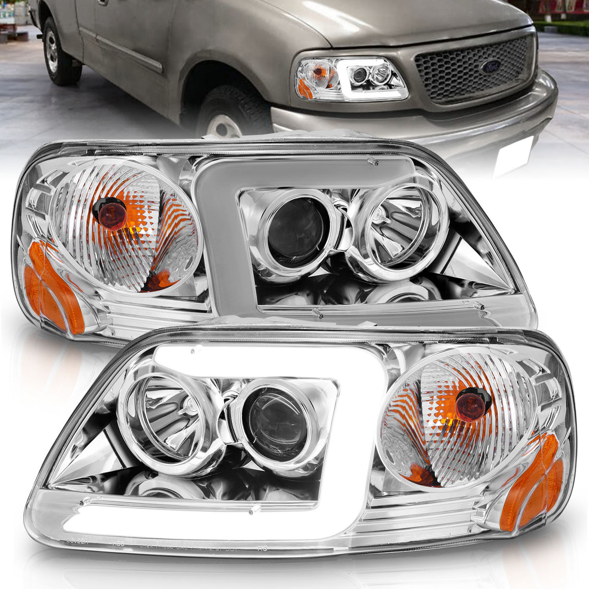 ANZO 1997-2003 Ford F-150 Projector Headlights w/ Light Bar Chrome Housing - 111504 for 1997-2004 Ford F 150 - front view