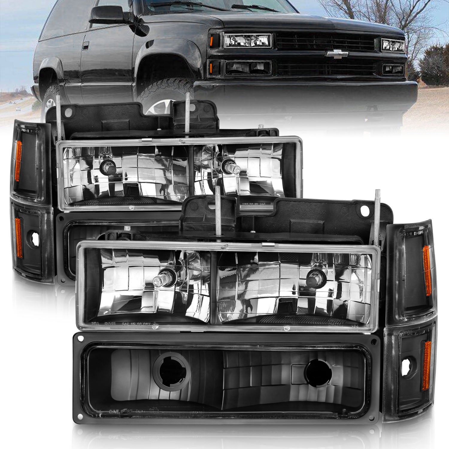 ANZO 88-98 Chevrolet C1500 Crystal Headlights Black - 111505 for 1988-2000 Chevrolet C2500 - front view