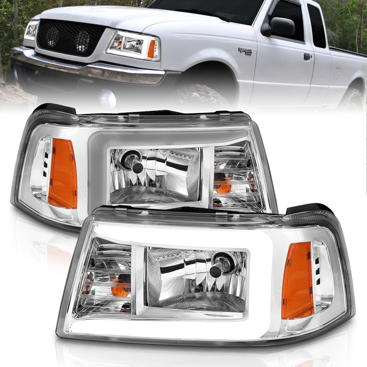 ANZO 2001-2011 Ford Ranger Crystal Headlights w/ Light Bar Chrome Housing - 111512 for 2001-2011 Ford Ranger - front view