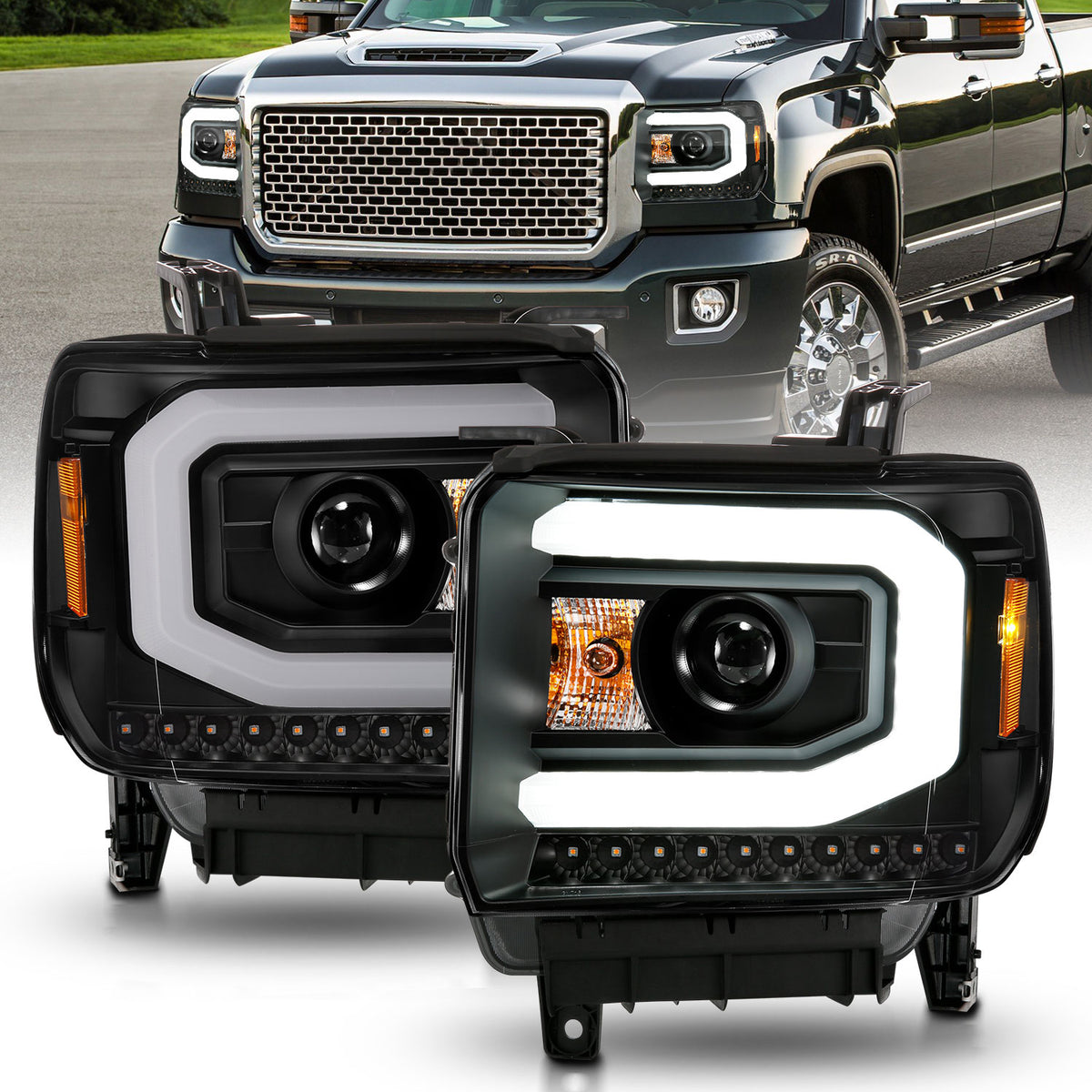 ANZO 2014-2015 GMC Sierra 1500 Projector Headlights w/ Light Bar Black Housing (Halogen Type) - 111513 for 2015-2019 GMC Sier