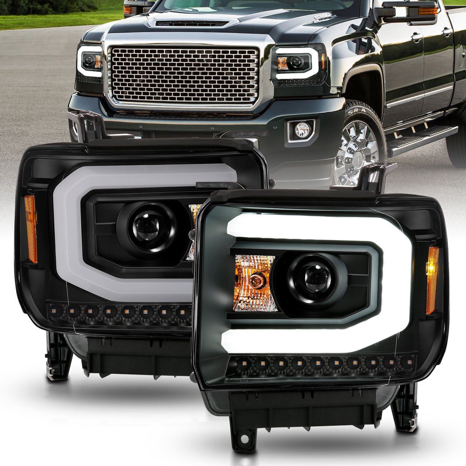 ANZO 2014-2015 GMC Sierra 1500 Projector Headlights w/ Light Bar Black Housing (Halogen Type) - 111513 for 2015-2019 GMC Sier