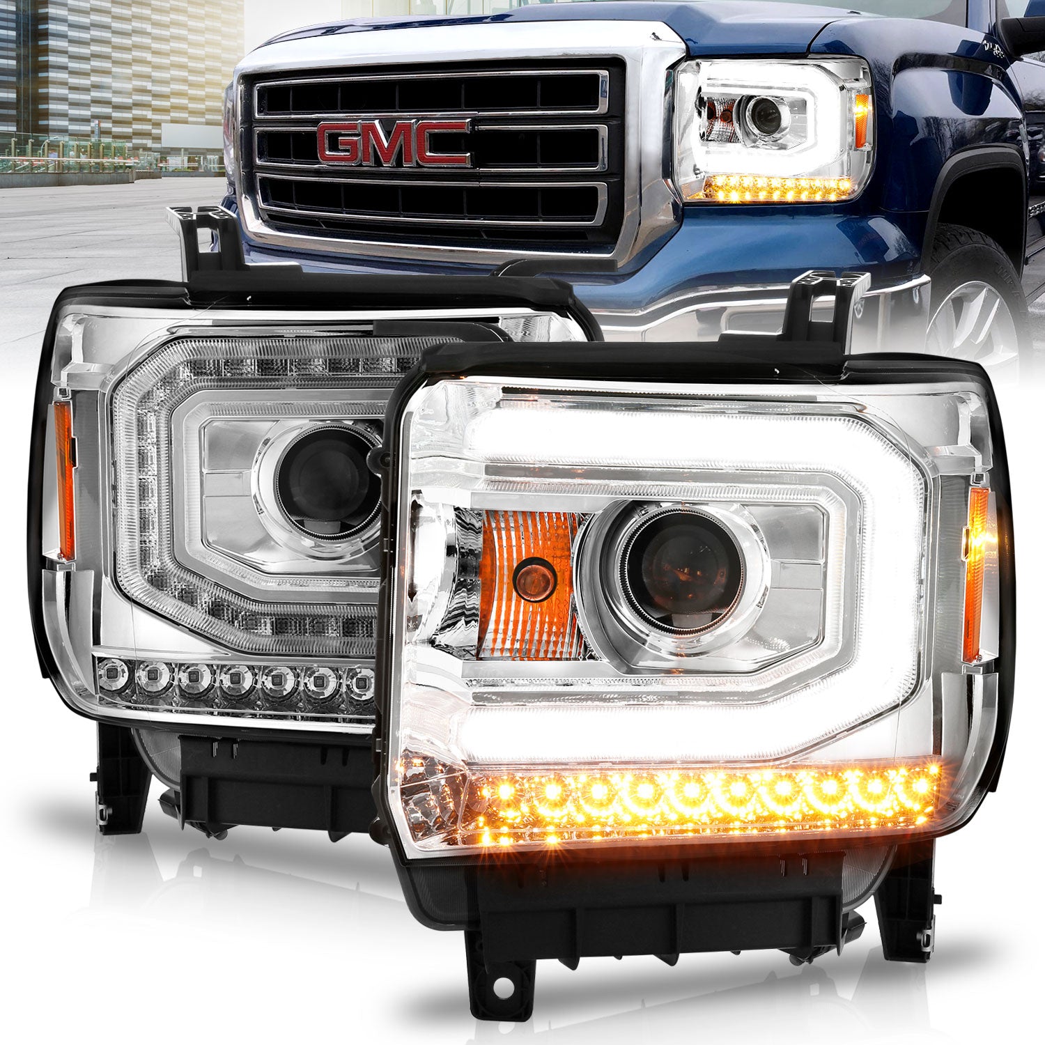 ANZO 2014-2015 Gmc Sierra 1500 Projector Headlights w/ Light Bar Chrome Housing (Halogen Type) - 111514 for 2015-2019 GMC Sie