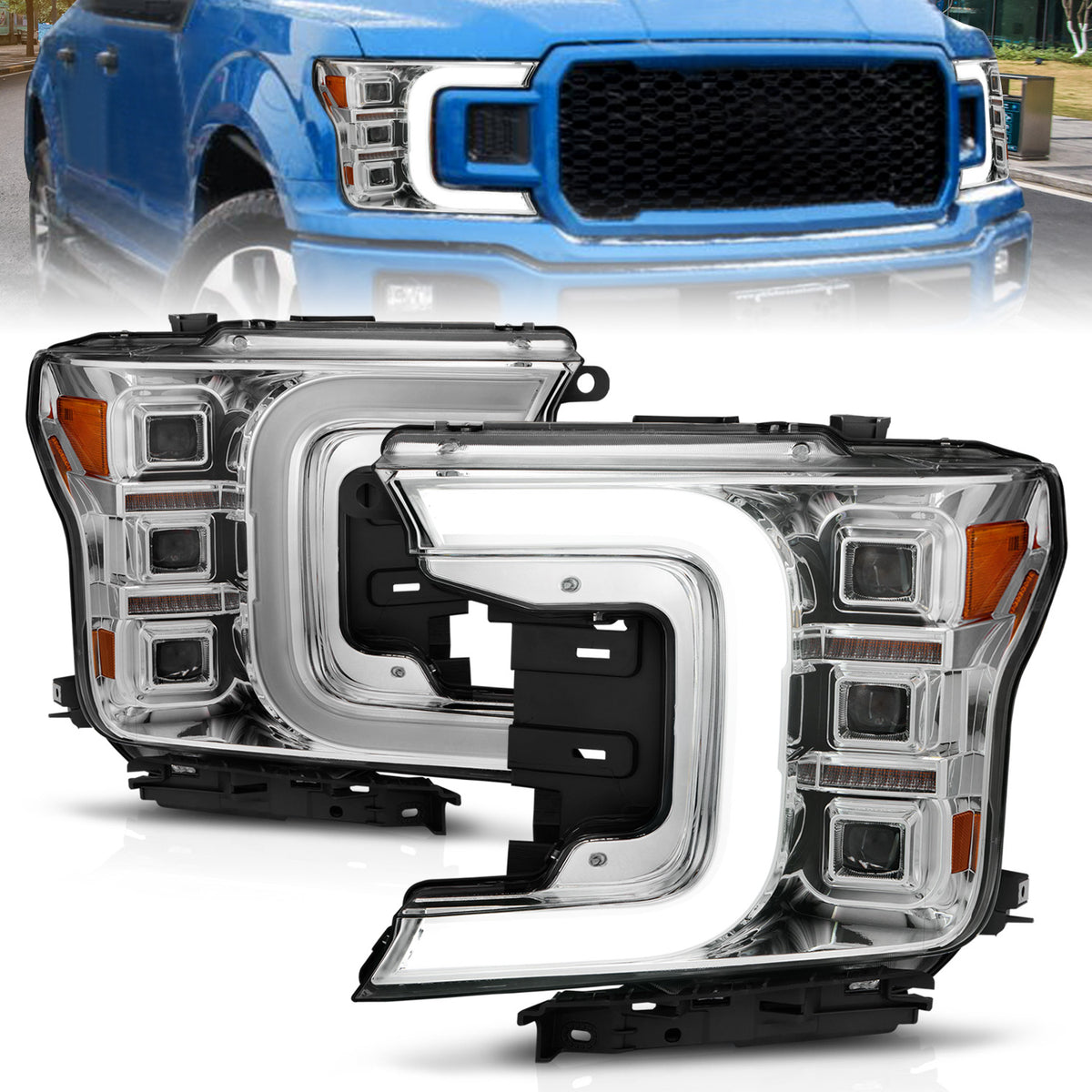 Anzo 18-20 Ford F-150 Full Led Projector Light Bar Style Headlights - Chrome Amber - 111521 for 2018-2020 Ford F 150 - front 