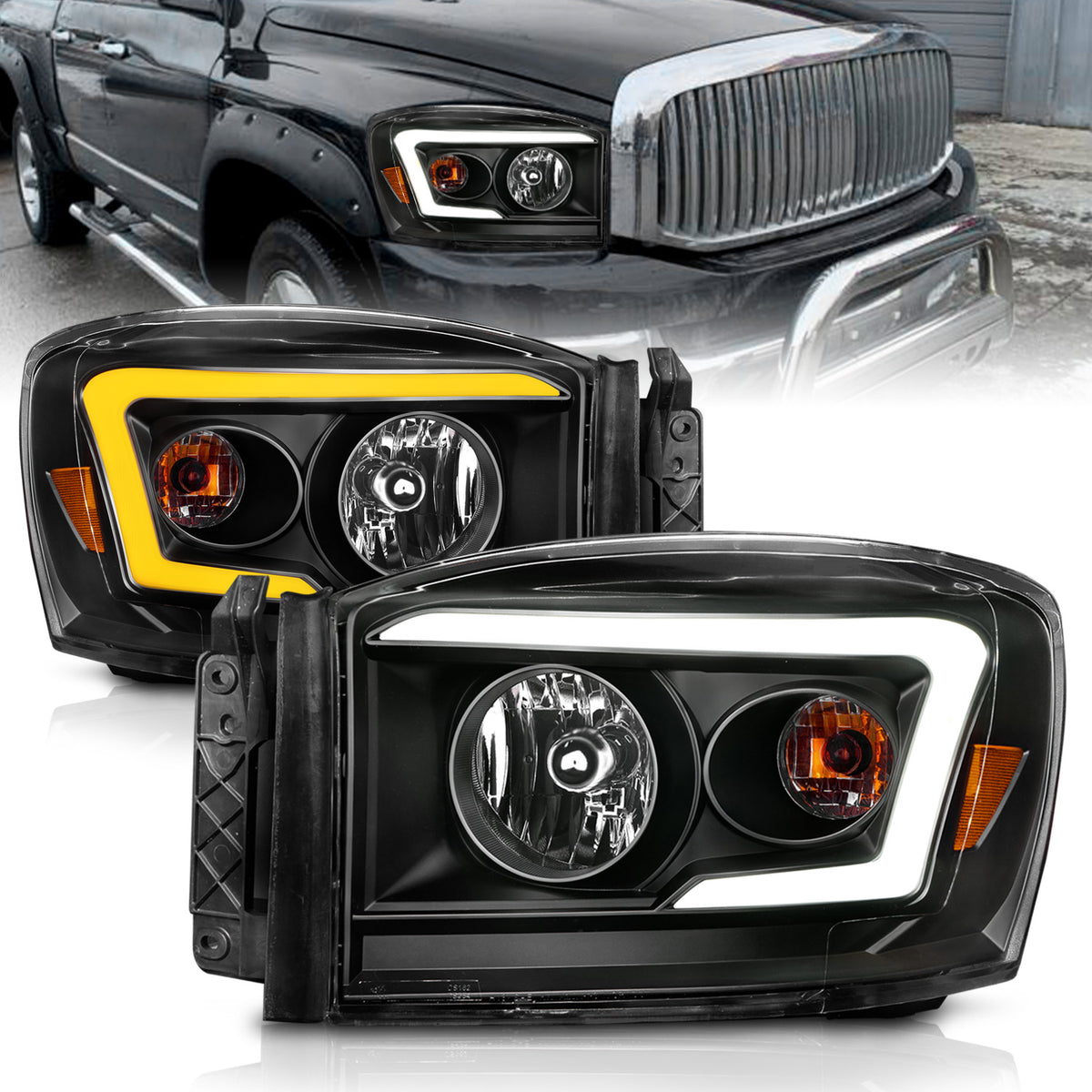 Anzo 06-09 Dodge RAM 1500/2500/3500 Headlights Black Housing/Clear Lens (w/Switchback Light Bars) - 111526 for 2006-2009 Dodg