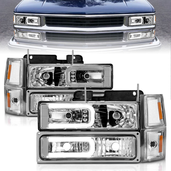 ANZO 88-98 Chevrolet C1500 Crystal Headlights w/Light Bar Chrome Housing w/ Signal Side Markers 8Pcs - 111529 for 1988-2000 C