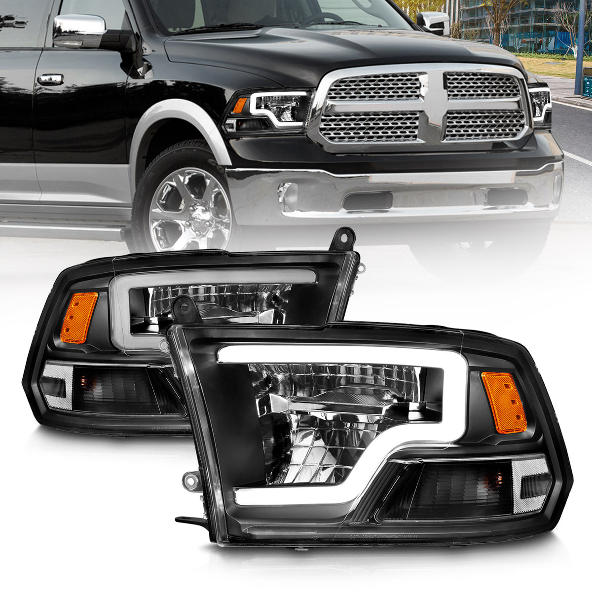 ANZO 2009-2020 Dodge Ram 1500 Full LED Square Projector Headlights w/ Chrome Housing Black Amber - 111539 for 2019-2023 Ram 1