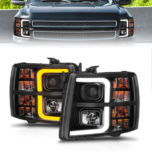 ANZO 2007-2013 Chevrolet Silverado 1500 Projector w/ Light Bar Black Housing w/ Sequential - 111545 for 2007-2014 Chevrolet S