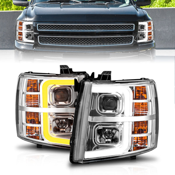 ANZO 2007-2013 Chevrolet Silverado 1500 Projector w/ Light Bar Chrome Housing w/ Sequential - 111546 for 2007-2014 Chevrolet 