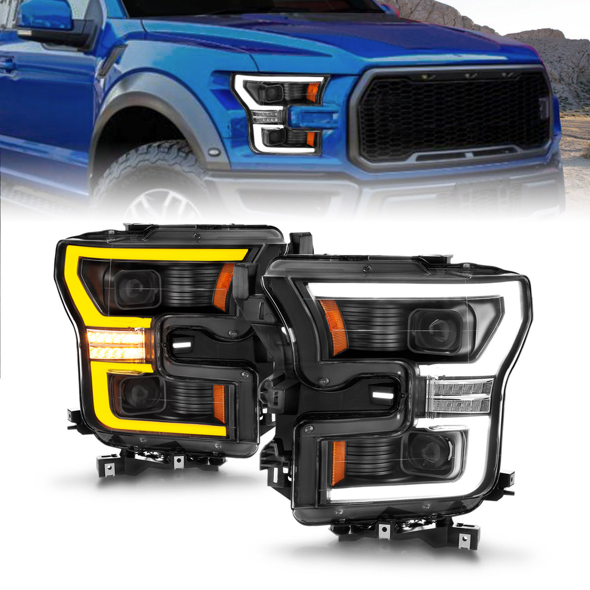 ANZO 15-17 Ford F-150 LED Projector Headlights - w/ Light Bar Switchback Black Housing - 111547 for 2015-2017 Ford F 150 - fr