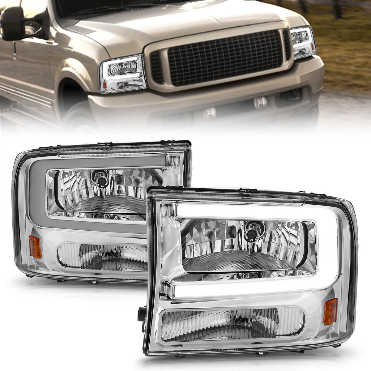 ANZO 99-04 Ford F250/F350/F450/Excursion (excl. 99) Crystal Headlights - w/ Light Bar Chrome Housing - 111550 for 1999-2004 F
