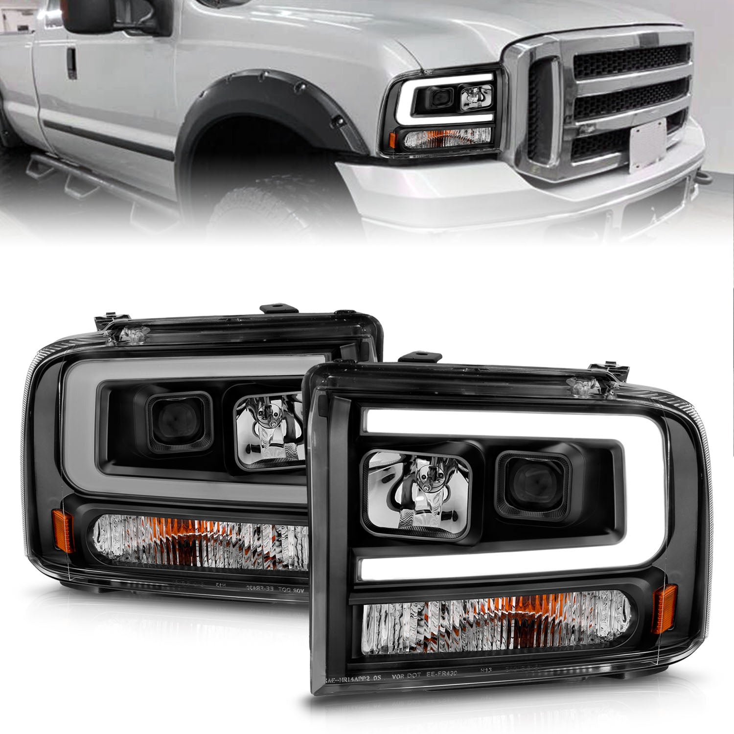 ANZO 99-04 Ford F250/F350/F450/Excursion (excl 99) Projector Headlights - w/ Light Bar Black Housing - 111551 for 2005-2007 F