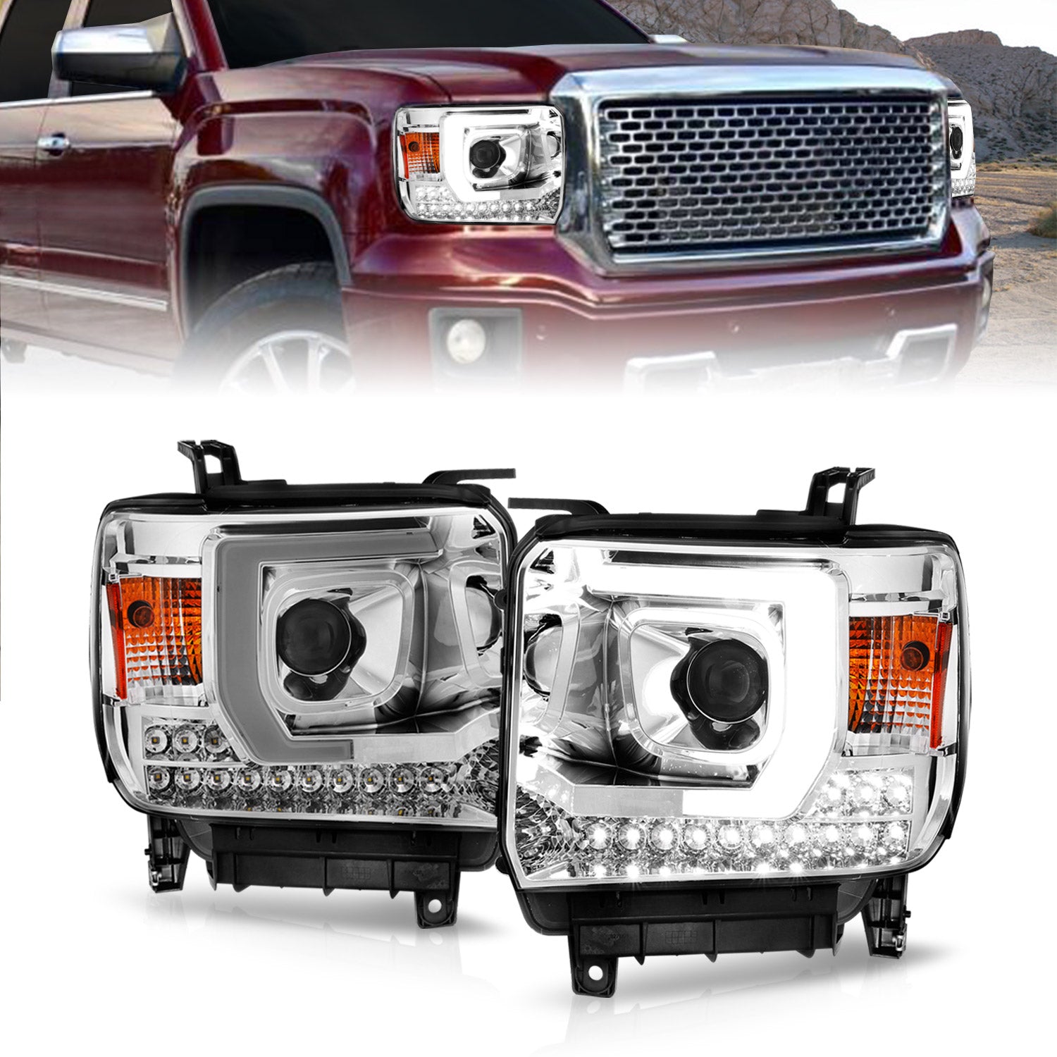 ANZO 14-15 GMC Sierra 1500/2500HD/3500HD Plank Style Projector Headlight - Chrome Housing - 111553 for 2015-2019 GMC Sierra 2