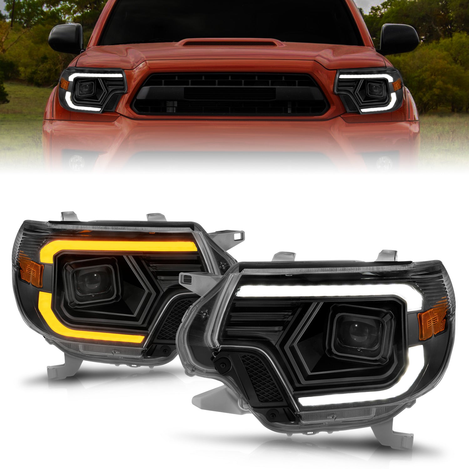 ANZO 12-15 Toyota Tacoma Projector Headlights - w/ Light Bar Switchback Black Housing - 111556 for 2012-2015 Toyota Tacoma - 