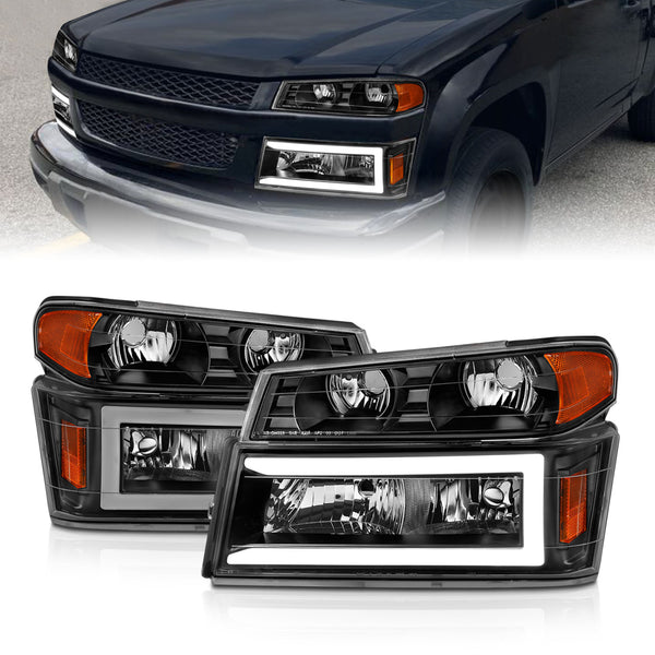 ANZO 04-12 GM Colorado/Canyon/I-Series Crystal Headlights - w/ Light Bar Black Housing 4pcs - 111558 for 2004-2012 Chevrolet 