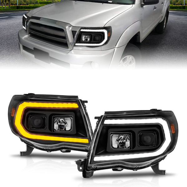 ANZO 05-11 Toyota Tacoma Projector Headlights w/Light Bar Switchback Black Housing - 111564 for 2005-2011 Toyota Tacoma - fro
