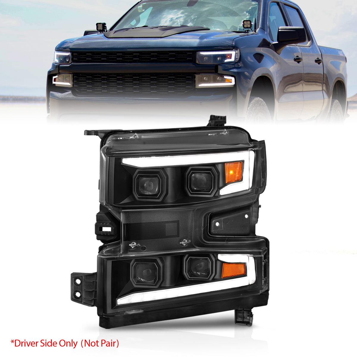 ANZO 19-22 Chevrolet Silverado 1500 LED Proj HL w/Lgt Bar SwBk Seq. Blk w/In. Light - Driver Side ON - 111566-L for 2019-2022