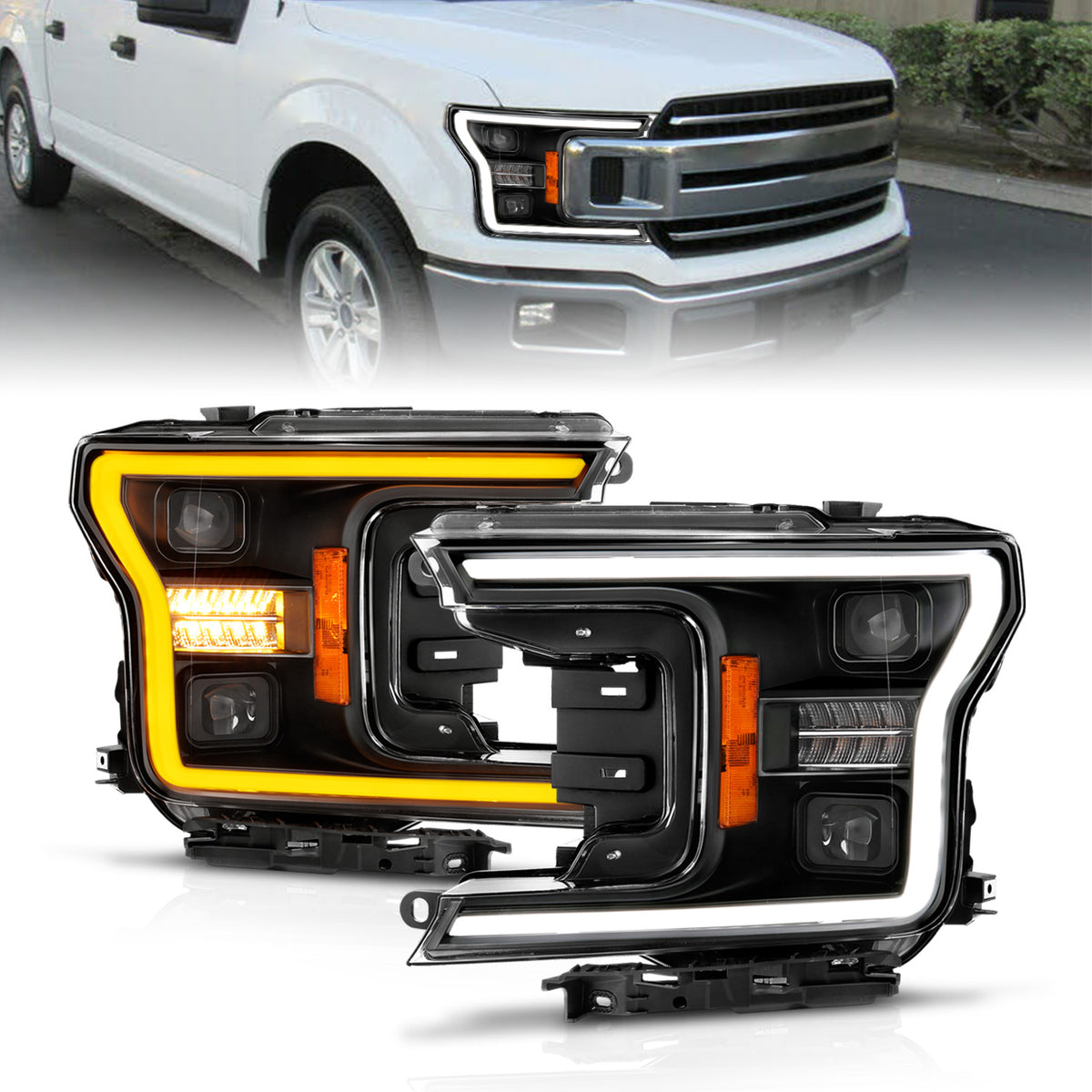 ANZO 18-20 Ford F-150 (w/o Fctry LED) Full LED Proj Headlights w/Light Bar Swtchbk Seq. Black w/Init - 111570 for 2018-2020 F