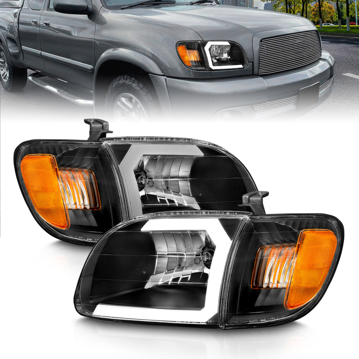 ANZO 00-04 Toyota Tundra (Fits Reg/Acc Cab Only) Crystal Headlights w/Light Bar Black w/Corner Light - 111579 for 2000-2004 T