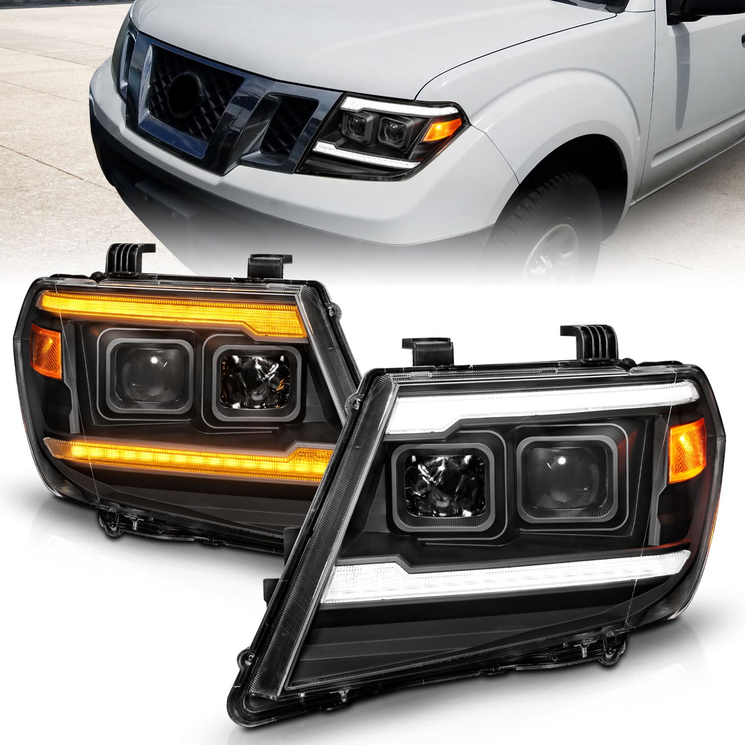ANZO 09-20 Nissan Frontier Black Projector Plank Style DRL w/ Switchback & Sequential LED DRL - 111597 for 2009-2021 Nissan F