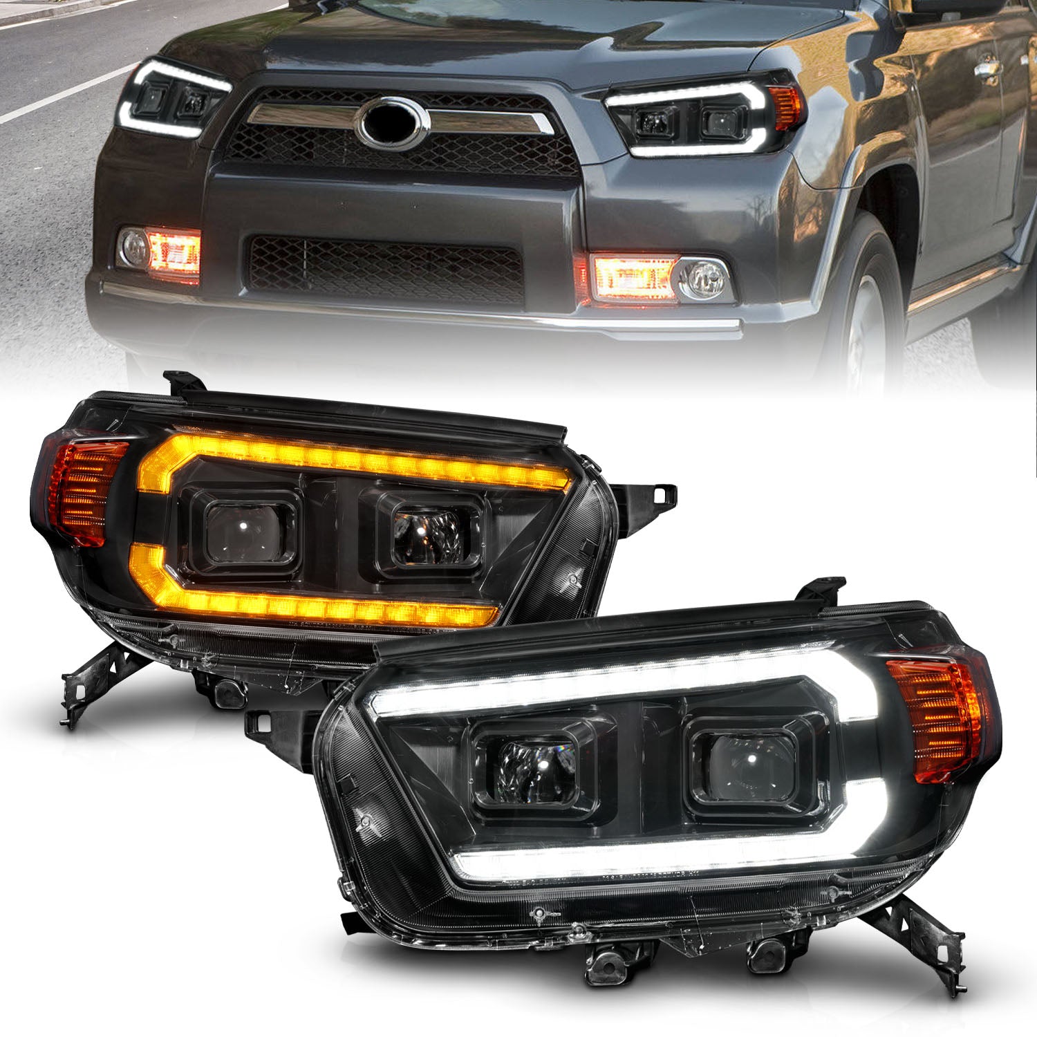 ANZO 10-13 Toyota 4Runner Projector Headlights - Black - 111602 for 2010-2013 Toyota Tundra - front view
