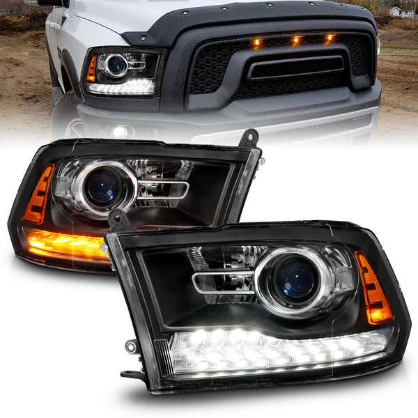 ANZO 09-18 Dodge Ram 1500/2500/3500 LED Plank Style Headlights Switchback + Sequential - Matte Black - 111609 for 2019-2023 R