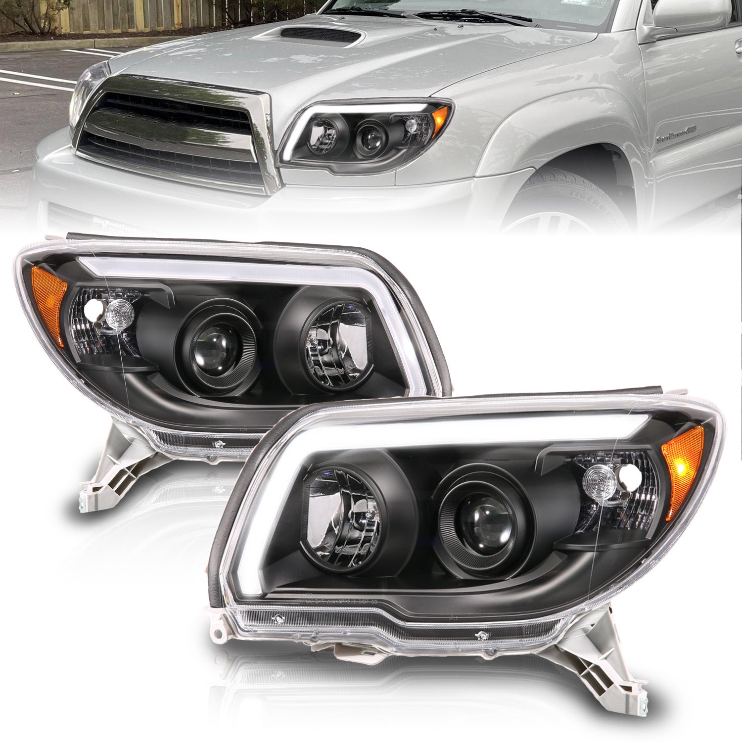ANZO 06-09 Toyota 4 Runner Projector Headlights Plank Style - Black - 111616 for 2006-2009 Toyota 4Runner - front view