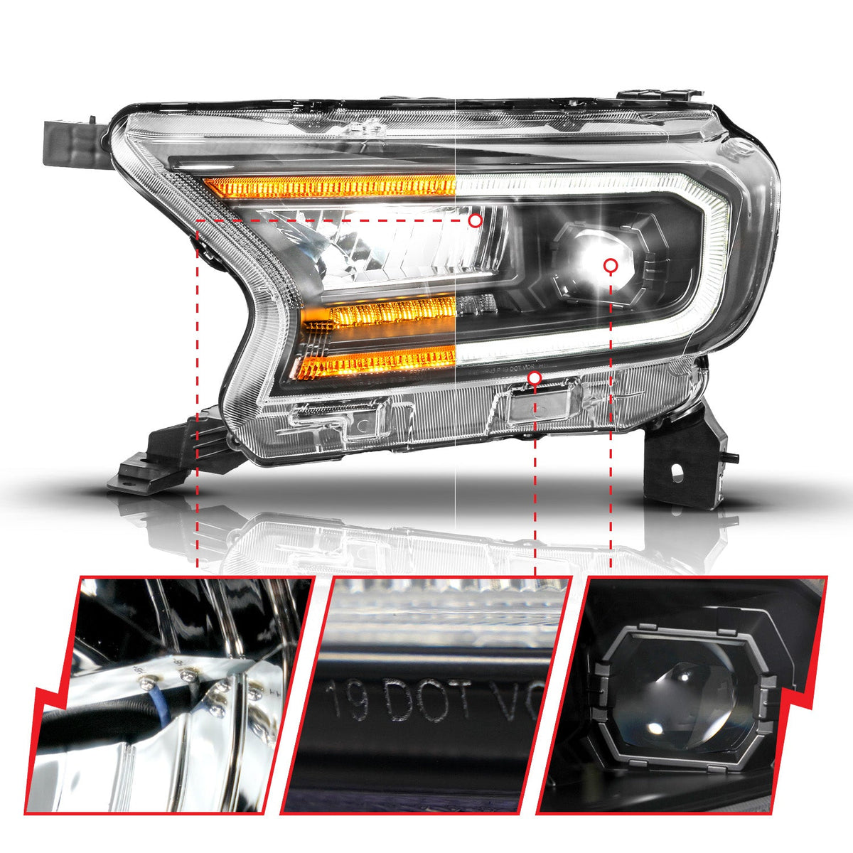 FORD RANGER 19-23 FULL LED PROJECTOR HEADLIGHTS BLACK W/ INITIATION & SEQUENTIAL (FOR FACTORY HALOGEN MODEL)