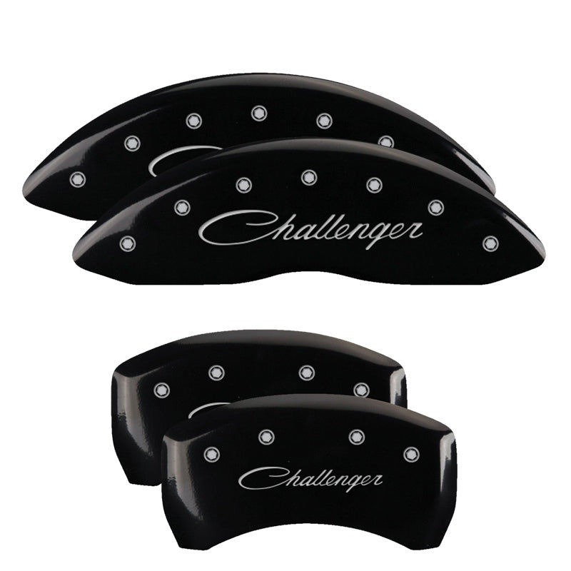 MGP 4 Caliper Covers Engraved Front &amp; Rear Cursive/Challenger Black finish silver ch - 12001SCLSBK