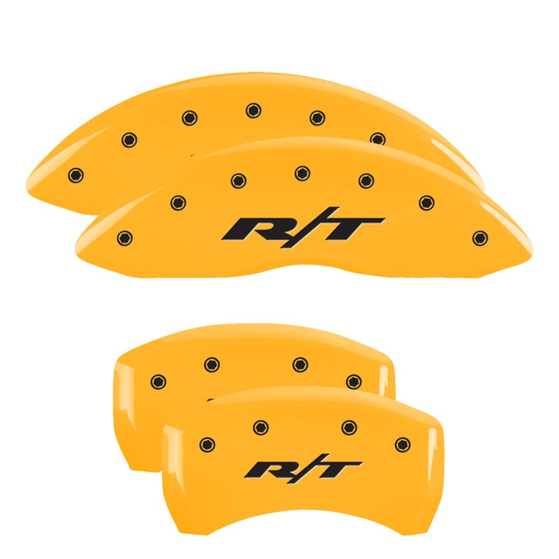 MGP 4 Caliper Covers Engraved Front &amp; Rear RT1-Truck Yellow Finish Black Char 2006 Dodge Charger - 12001SRT1YL