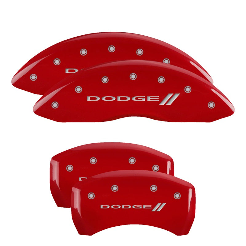 MGP 4 Caliper Covers Engraved Front &amp; Rear With stripes/Dodge Red finish silver ch - 12005SDD3RD