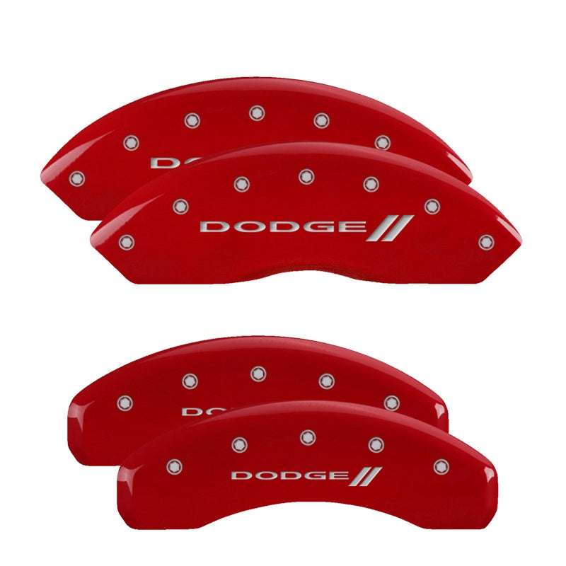 MGP 4 Caliper Covers Engraved Front &amp; Rear With stripes/Dodge Red finish silver ch - 12059SDD3RD