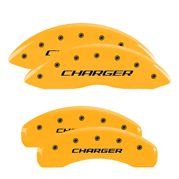 MGP 4 Caliper Covers Engraved Front &amp; Rear Block/Charger Yellow finish black ch - 12088SCHBYL