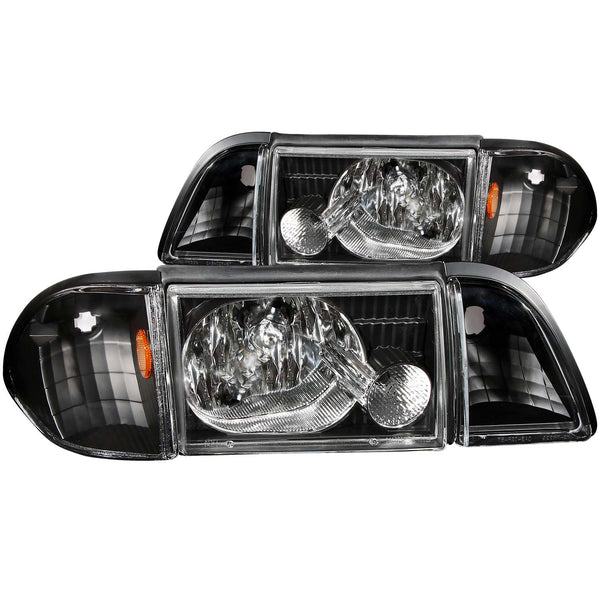 ANZO 1987-1993 Ford Mustang Crystal Headlights Black w/ Corner Lights 3pc - 121192 for 1987-1993 Ford Mustang - front view
