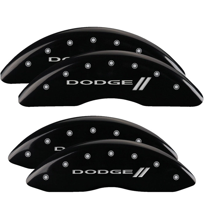 MGP 4 Caliper Covers Engraved Front &amp; Rear With stripes/Dodge Black finish silver ch - 12124SDD3BK