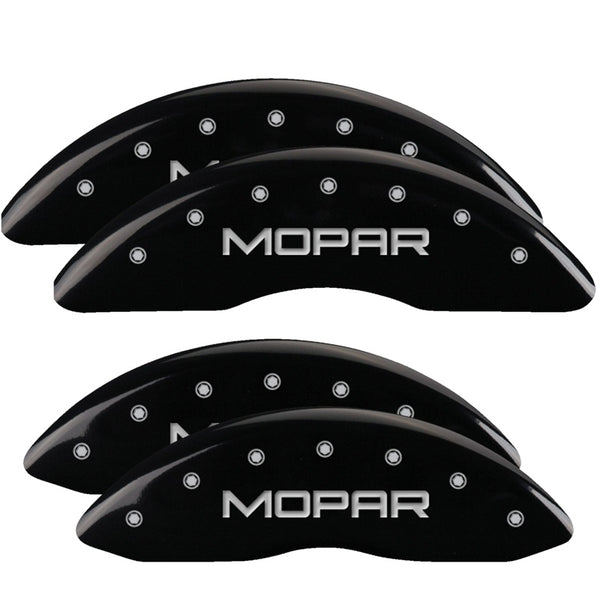 MGP 4 Caliper Covers Engraved Front &amp; Rear MOPAR Black finish silver ch - 12124SMOPBK