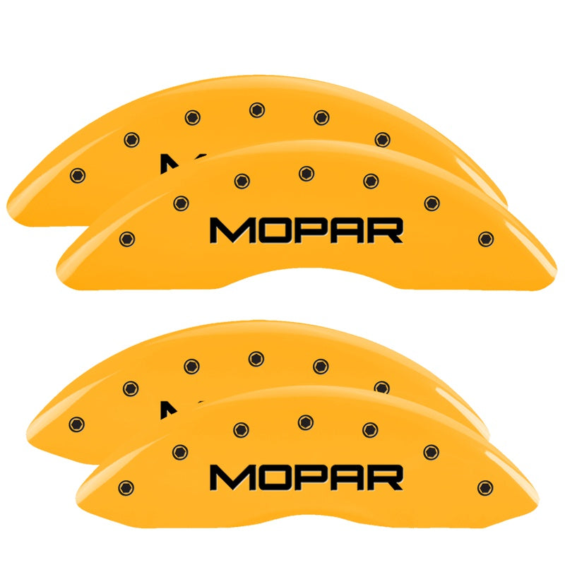 MGP 4 Caliper Covers Engraved Front &amp; Rear Mopar Yellow Finish Black Char 2010 Dodge Ram 2500 - 12124SMOPYL